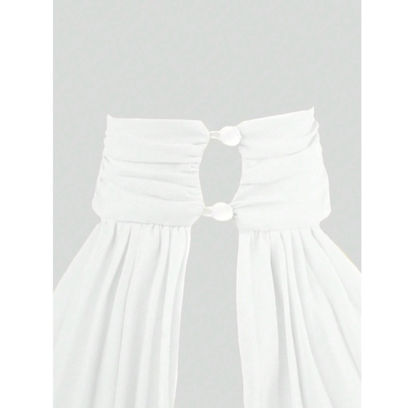 Pleated Off White Mini Dress Tie Neck Short A-Line Flared - Picture 7 of 16